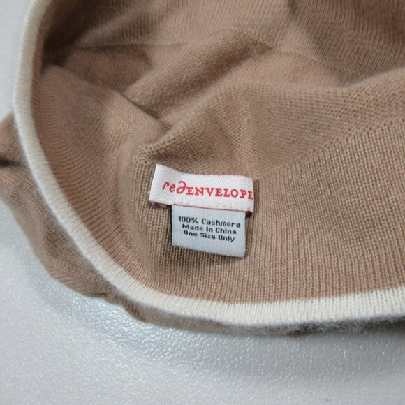 red ENVELOPE womens tan an white 100% Cashmere knit beanie OS EUC - Picture 3 of 3